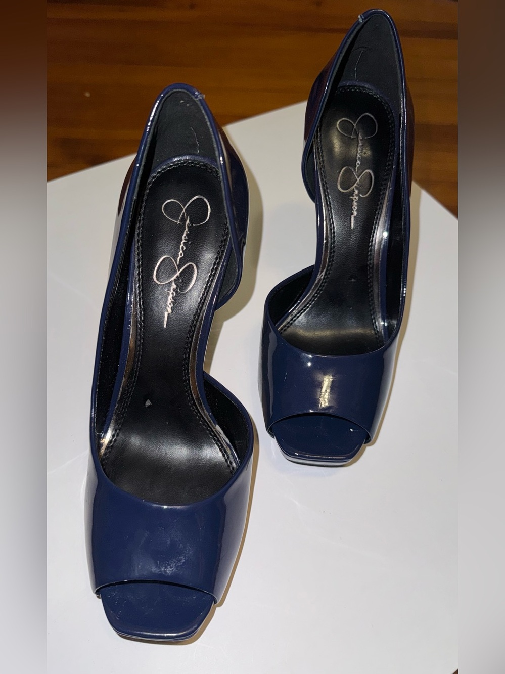 Jessica Simpson Navy Patent Open-Toe Pumps - Picture 11 of 12